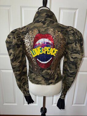 Denimland Camo Funky Peace & Love Puff Sleeve Denim Jacket
